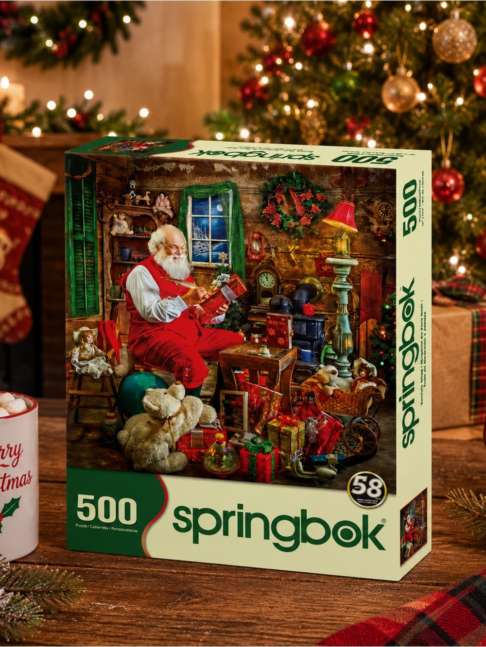 Springbok 500-Piece Santa’s Workshop Jigsaw Puzzle Green & Reds 18”X23.5”